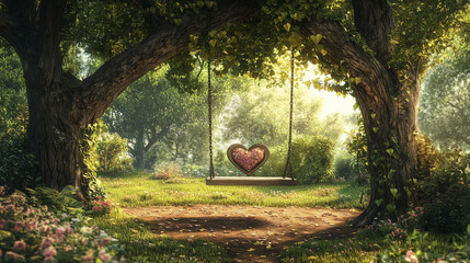 A tree swing with a heart-shaped seat, set in a picturesque garden, postcard design with space for greetings. Valentine concept
