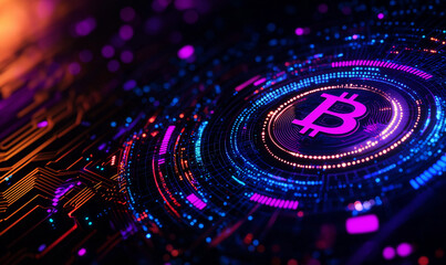 Abstract futuristic background featuring digital Bitcoin symbol surrounded by vibrant neon colors and intricate circuit patterns, evoking sense of innovation and technology