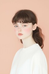 Fototapeta premium Young Woman with Freckles and Blush on a Soft Pink Background