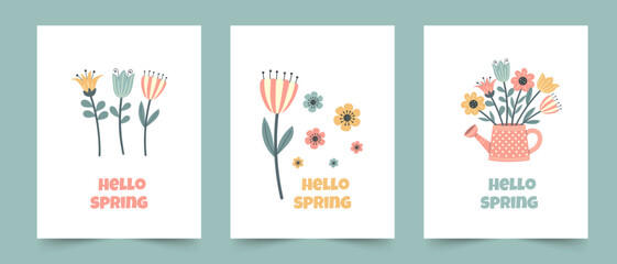 Fototapeta premium Cute Spring floral cards set. Collection of flowers and decorations. For poster, card, stickers.
