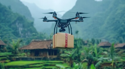 Drone Delivering Package Over Scenic Green Landscape in Mountains