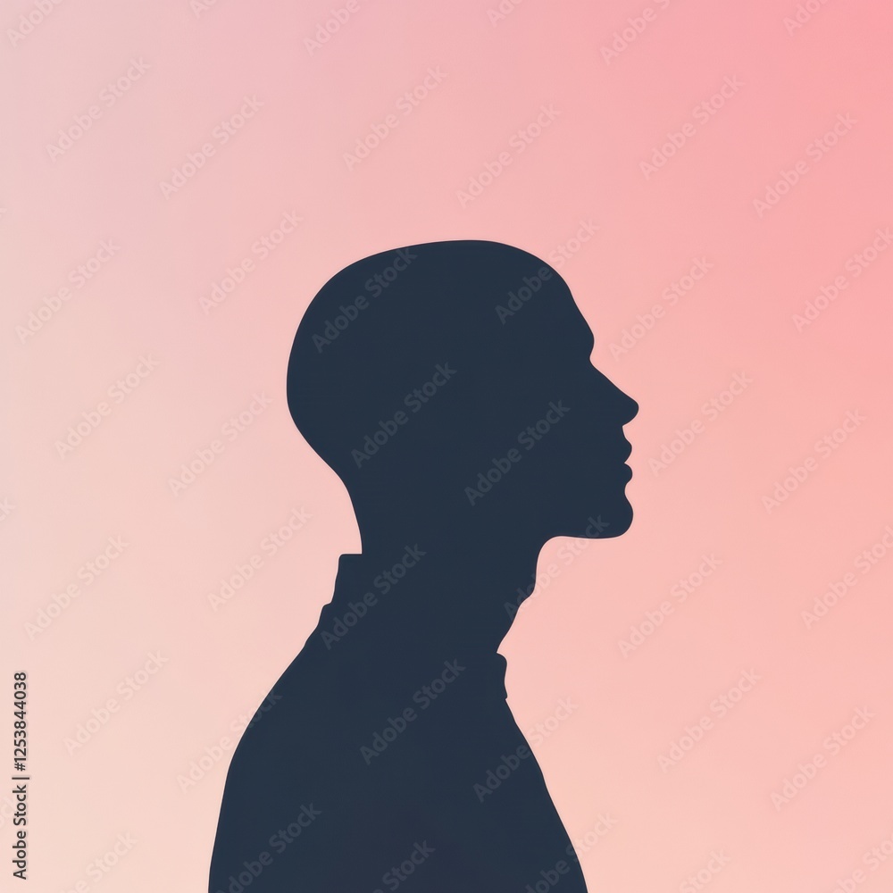 Poster silhouette of a person with distinct bald patches against a soft gradient background during twilight