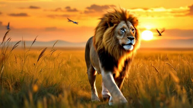 Majestic lion standing in grassy savannah, symbolizing strength and wildlife conservation. Great for safari, nature, and wildlife-themed events, World Lion Day, or educational projects	
