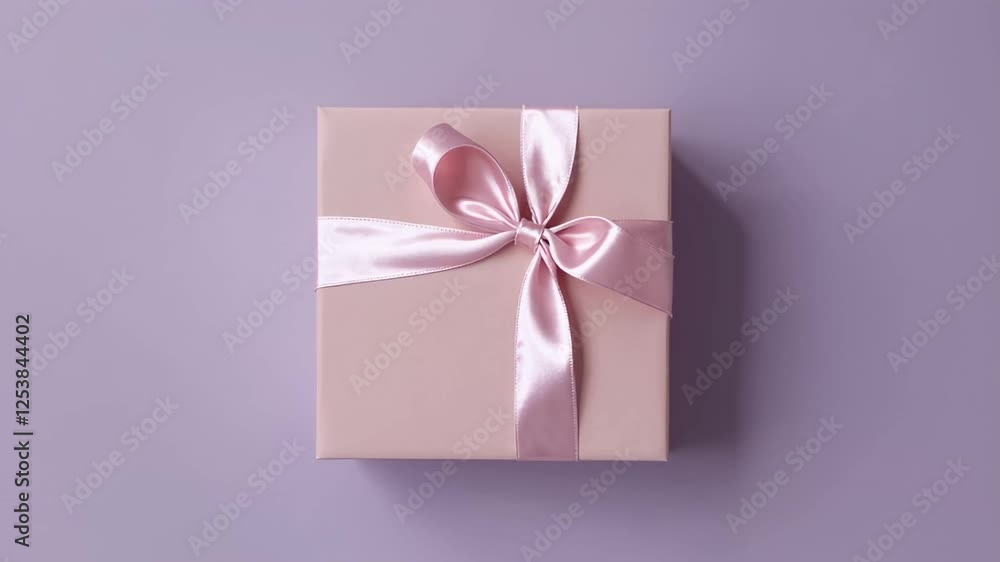 Poster elegant pink gift box with a delicate ribbon bow, presented on a purple backdrop, rotating gently in