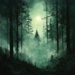 Fototapeta premium Enigmatic Forest Scene with Fog and Mysterious Light Ambient Glow