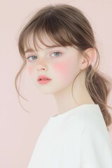 Young Woman with Freckles and Blush on a Soft Pink Background