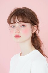 Naklejka premium Young Woman with Freckles and Blush on a Soft Pink Background