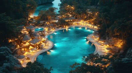 Obraz premium Night view of tropical resort pool.