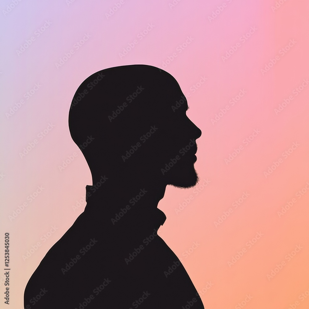 Poster silhouette of a person with bald patches against a colorful gradient background during twilight. gen