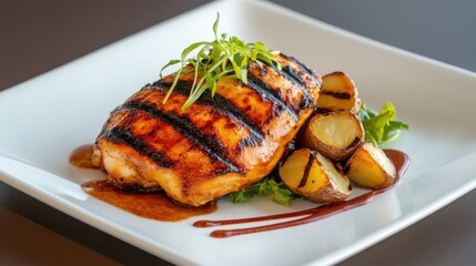 Chef&acirc;&euro;&trade;s gourmet grilled chicken, perfectly charred, roasted potatoes, vibrant salad, elegant garnishes