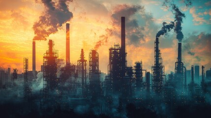 Obraz premium Industrial skyline with smoke and sunset.