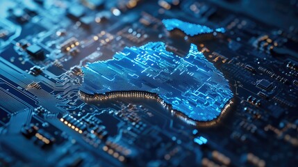 A close-up of a circuit board shaped like Australia, glowing with blue light.