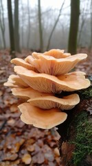 A cluster of mushrooms grows on a tree trunk in a damp forest, showcasing their intricate forms
