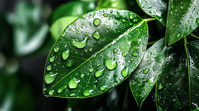 Glistering raindrops on lush green leaves, close-up nature photography.