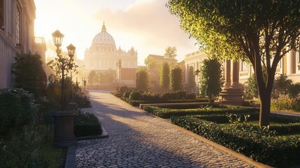 Obraz premium Vatican City Panoramic View with St Peters Basilica at Sunrise for Travel Campaigns