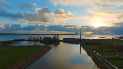 Aerial from the Wouda pumping station near Lemmer in Friesland the Netherlands at sunset