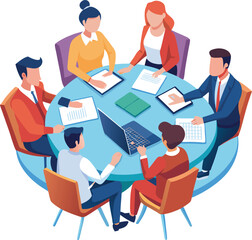 Partners meeting for business discussion with documents and laptop on desk. Couple at round table, speaking, discussing work, partnership. Flat vector on a white background
