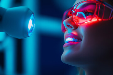 Obraz premium woman with glowing glasses smiles while undergoing dental procedure, showcasing bioluminescence technology. vibrant blue and red lighting creates futuristic atmosphere