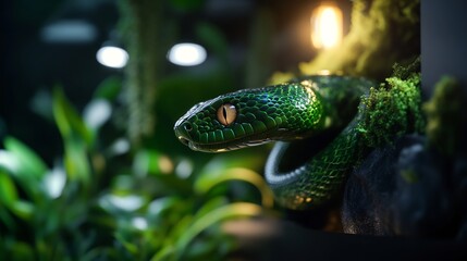 Fototapeta premium Emerald Tree Boa in the Rainforest Night