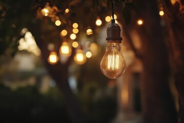 Warm Outdoor Light Bulbs Creating Romantic Ambiance at Wedding Reception, Blurred Background for Focus on Lighting Details