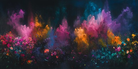 Festival powder splashed against dark backdrop