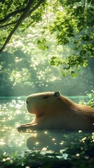 Soft greenery blending into a serene summer sky with a capybara relaxing near a shimmering pond.