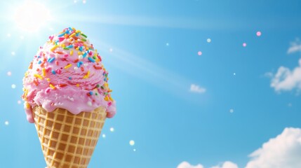 Bright and Colorful Ice Cream Cone with Sprinkles Against Sky