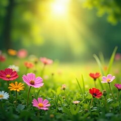 Obraz premium Blurred vibrant flowers and foliage, sunlit meadow, website, joyful, colorful
