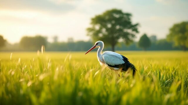Stork in the grass in the field at sunset.  National stork day. Wild bird life in countryside. European landscape and nature wildlife. Copy space