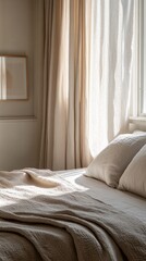 Soft Morning Light in Cozy Bedroom with Neutral Textiles and Drapes