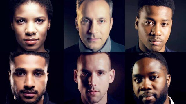 Diverse group portrait of six individuals in dramatic lighting. Close-up of multicultural faces expressing strength and individuality. Concept of inclusivity, diversity, human connection, equality