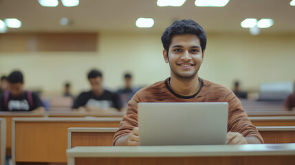 An Indian student sitting in the classroom and smiling while using their laptop
