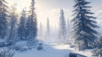 Obraz premium Winter Wonderland Scene Featuring Snow-Covered Evergreen Trees Under Soft Morning Light