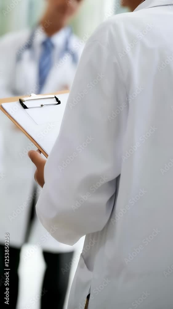 Poster medical professionals review patient information on a clipboard in a hospital setting, captured in a