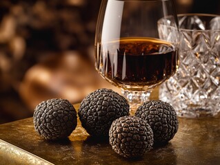 Black truffles with glass of cognac celebrating national truffle day