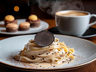 Steaming cappuccino and tagliatelle with truffle celebrating national truffle day