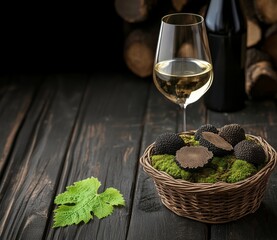 Black truffles and white wine celebrating national truffle day with moss and grape leaf