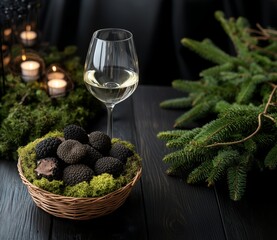 Black truffles in wicker basket with glass of white wine celebrating national truffle day