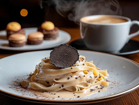 Steaming cappuccino and tagliatelle with truffle celebrating national truffle day - Powered by Adobe