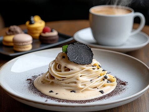 Steaming cappuccino and gourmet pasta dish featuring black truffle shavings