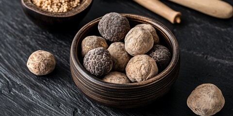 Nutmeg seeds resting in wooden bowl on black table for national truffle day
