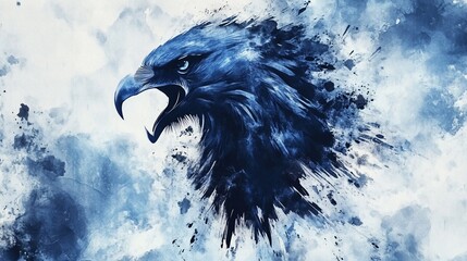 Abstract blue watercolor painting of a majestic eagle head, beak open in a powerful pose against a smoky white background.