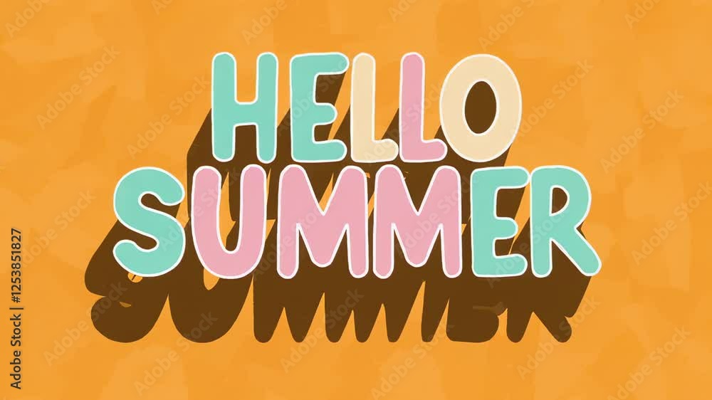 Poster Summer vibes animation features colorful text hello summer with a tropical palm leaf shadow, transitioning from a light orange background to a black background in slow motion