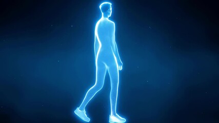 Holographic Human Figure in Walking Motion with Futuristic Glow. Concept of biomechanics, human anatomy, virtual reality, advanced technology, body movement, innovation, digital health visualization - Powered by Adobe