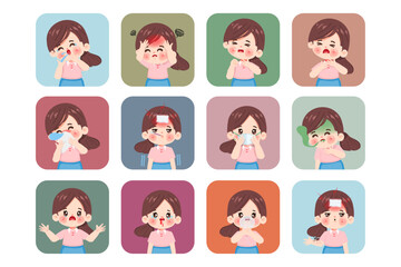 Cute woman symptoms of sick. Cartoon child with fever, snot, cough and sore throat. Influenza or cold vector infographic. Illustration of symptoms kid, flu or infection illness.