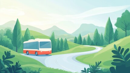 Tour bus traveling along a winding road surrounded by lush greenery and distant mountains. Generative AI