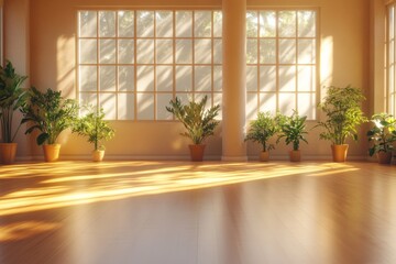 Sunny studio interior with plants and large windows