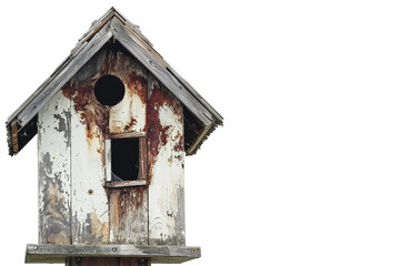 Rustic historical birdhouse with vintage distressed wood isolated on transparent background