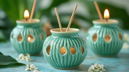 Serene Teal Ceramic Candle Holders with Aromatic Sticks
