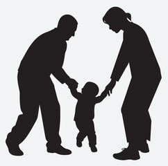 silhouette of a family, parents with little child first steps silhouette vector art illustration